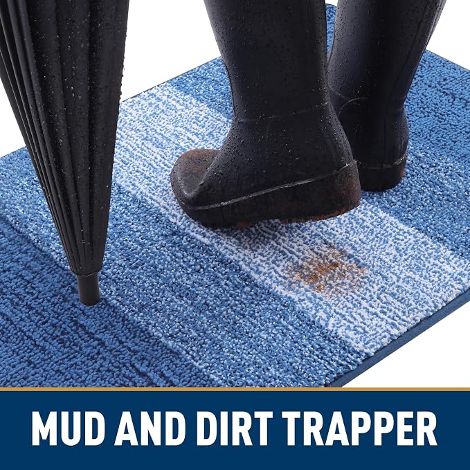 Smiry Dog Door Mat for Muddy Paws, Absorbs Moisture and Dirt, Low-Profile Entryway Mat with Non-Slip Backing, Entry Indoor Outdoor Doormat for Inside Floor (54x24 Inches, Navy Blue, Striped)