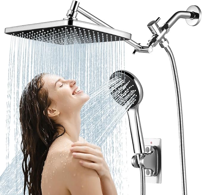 Shower Head with Handheld,11.8 Inch Large Rectangular Rain Shower Head with 5 Modes Handheld Spray Combo,Adjustable Double Shower Heads with Holder and 11'' Extension Arm,Chrome
