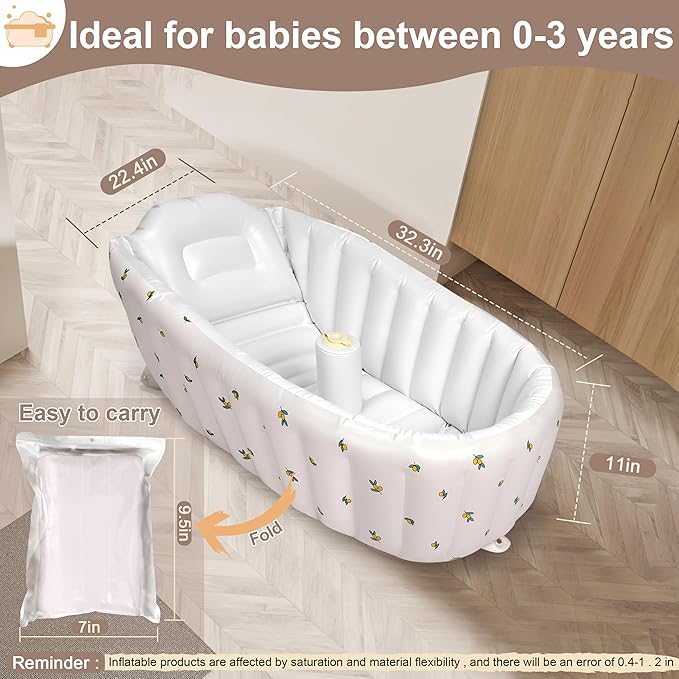 MINK Inflatable Baby Bathtub for Toddlers and Kids - Self-Inflating Design, No Pump Needed, Press Center to Inflate - Portable Collapsible Travel Baby Tub for Newborns to 36 Months(Olive Bath)