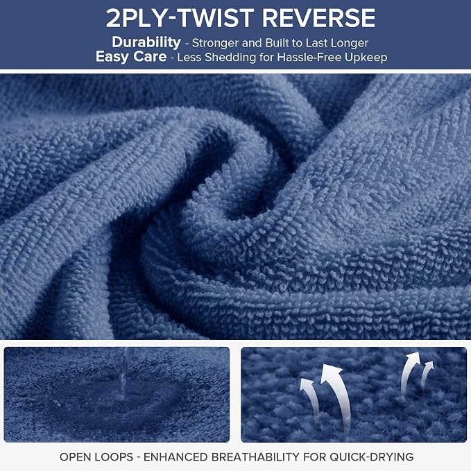 Comfort Spaces 4 Pc Bath Sheet Set 30x60, 100% Cotton 400GSM, Navy Blue | Oversized 30x60 Bath Sheet, Quick Dry Cotton, Dual Layer Extra Absorbent, Great for Shower Beach