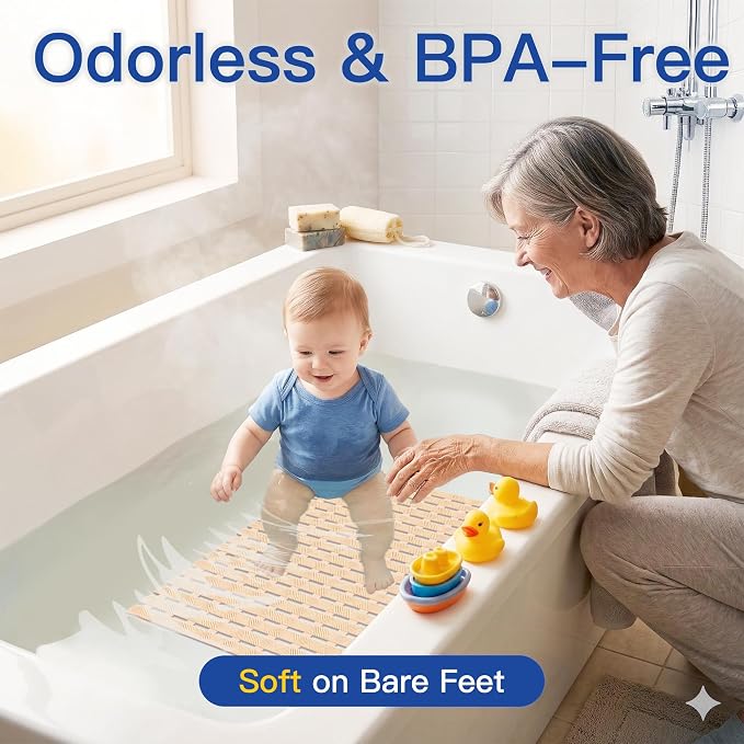 Non Slip Bathtub Mat - Shower Mats for Inside Shower, Rectangular PVC Tub Mat with 200+ Suction Cups for Safety, 40x16 Inch, Beige