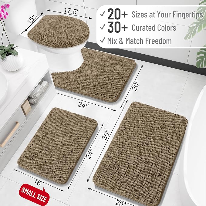 OLANLY Toilet Rugs U-Shaped 24x24, Extra Soft Absorbent Chenille Contour Bathroom Rugs for Toilet, Dry Quickly, Machine Washable, Non-Slip Bath Mat, Tan