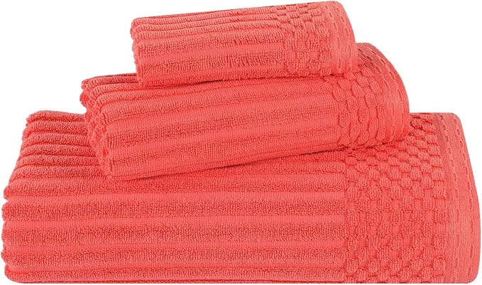 Superior 3 Piece Cotton Towel Set, Includes 1 Bath Towel, 1 Hand Towel, 1 Face Towel/Washcloth, Daily Use for Bathroom, Guest Bath, Quick Dry, Ribbed, Absorbent, Essentials, Soho Collection, Coral