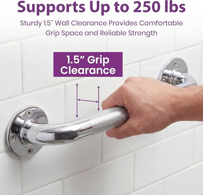 18 Inch Grab Bars for Bathtubs and Showers - Chrome Knurled Bathroom Safety Rail Handle - Non Slip Textured Grip Handicap Grab Bar for Seniors, 250 lbs Weight Support Capacity