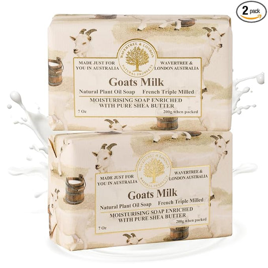 Wavertree & London Natural Goat Milk Soap Bars (2 Bars) – 7oz Individually Wrapped, French Triple Milled Moisturizing Bath Bar Soap Enriched with Shea Butter, Chemical-Free Sensitive Skin Bar Soap