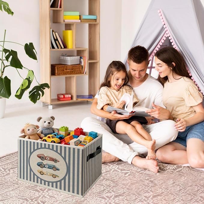 Vintage Race Car Boy Foldable Storage Bins Box with Handles, Kids Room Decor for Boys, Striped Car Vehicle Collapsible Organizer Basket for Kids Nursery Room Bedroom Playroom Toys Books