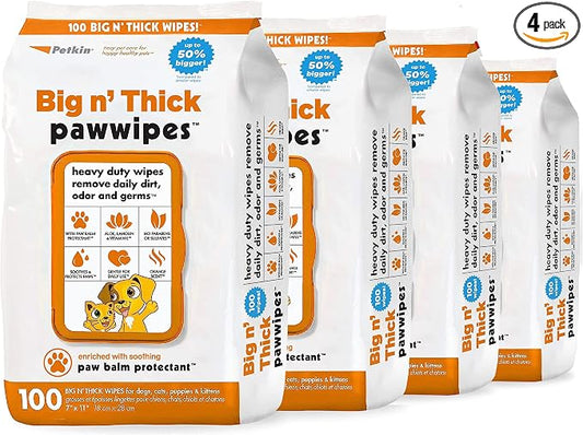 Petkin Big N' Thick Paw Wipes for Dogs, 100 Large Wipes (4 Pack) - Clean Dirty Paws After Walks, with Paw Balm Protectant - Keep Floors and Furniture Clean - Ideal for Home or Travel - Orange Scent