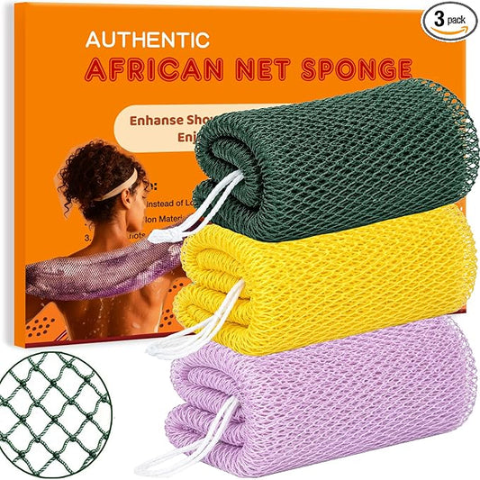 African Net Sponge Authentic, 3 Pieces African Exfoliating Net Sponge Body Back Scrubber Exfoliating Washcloth for Shower Bath for All Types (Olive Green+Yellow+Light Purple, 3 Pcs)