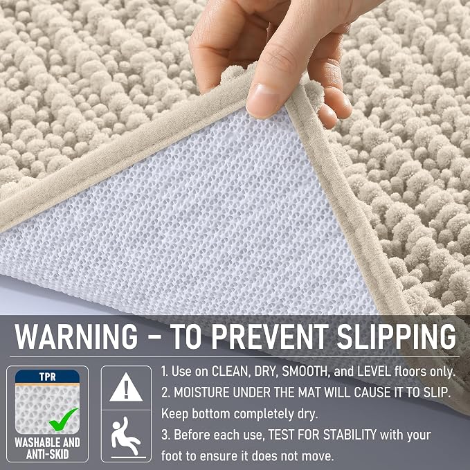 OLANLY Long Bathroom Rugs Runner 59x20, Thick Soft and Absorbent Chenille Bath Mat, Non-Slip, Machine Washable Quick Dry Bath Rugs for Tub Shower Floor, Home Decor Accessories, Sand
