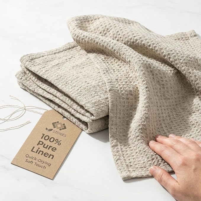 100% European Linen Hand Towels for Kitchen & Bath - Set of 2 - Waffle Weave, Highly Absorbent & Quick-Dry - 14 x 28 in - Stone Washed Flax