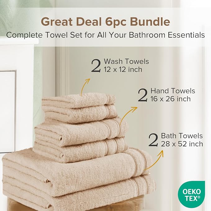 Comfort Spaces 6 Pc Towel Set, 100% Cotton Zero Twist, Beige Tan | Zero Twist Cotton, Quick Dry Ultra Soft, 2 Bath 2 Hand 2 Washcloth, Absorbent Lightweight Towels for Everyday