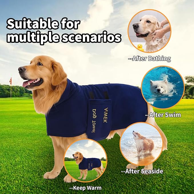 Dog Towel Dog Bathrobe, Microfiber Super Absorbent Pet Bathrobe for Dogs and Cats, Quick Drying Robe After Bath, Adjustable Collar & Belly Strap, Blue, M