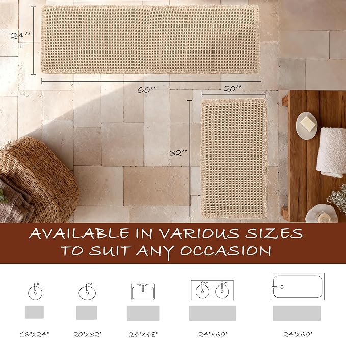 DWCN Set of 2 Waffle Boho Bathroom Mats, Non Slip Bath Rug Set for Bathroom Floor, Super Absorbent Shower Mats for Tub, Washable Kitchen Rugs for Farmhouse Decor, 20" x 32" Plus 24" x 60", Brown