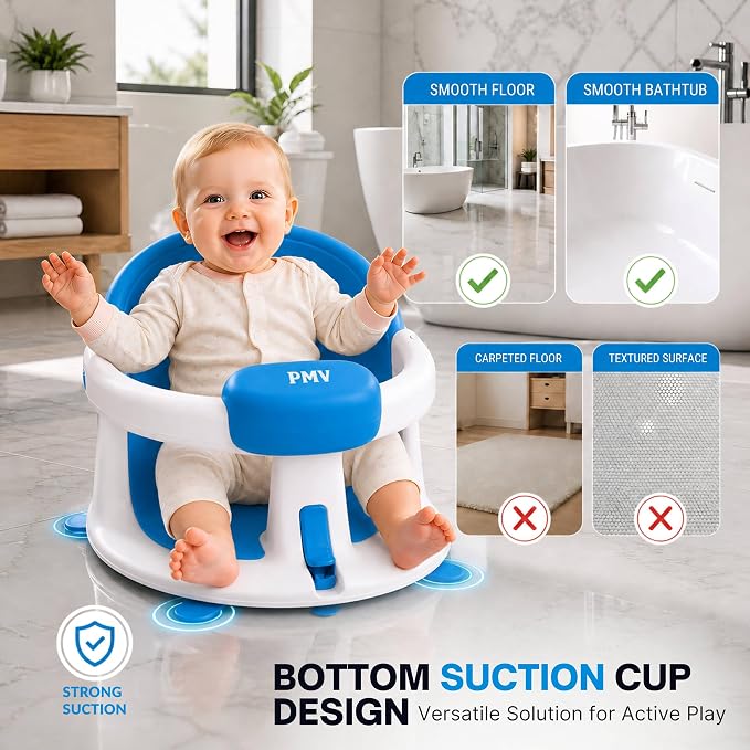 PMV Baby Bath Seat for Sitting Babies, Non-Slip Baby Bath Chair with 3 Suction Cups, Safe & Comfortable Toddler Bath Support Seat for Bath/Shower Use, Stable Design, Gray (6–24 Months) (Blue)