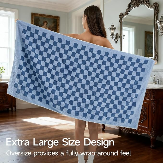 REDKISS Blue Checkered Bath Towels Set - 2 Piece Large Shower Towels for Bathroom Decoration, Highly Absorbent Cotton Bath Towel of 2, Cute Checkered Shower Retro Towel for Bathroom