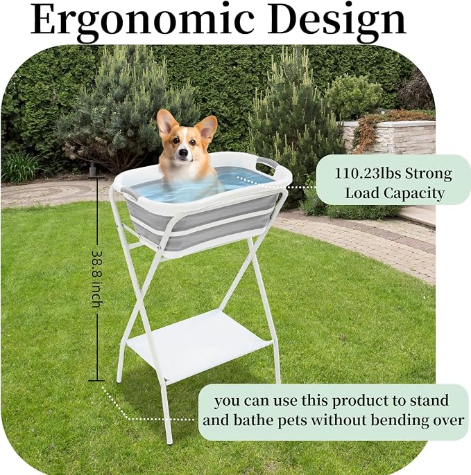 2 in 1 Dog Bathtub Small Pet Bathtub with Stand, Foldable Pet Bath with Drainage Tube, Portable Dog Washing Station for Small Dogs Cats, Indoor & Outdoor, 110.23lbs Load, 26'' L×16.5‘’ W×38.8'' H