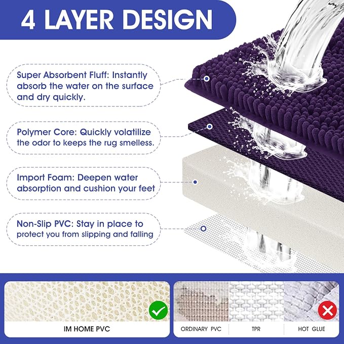 ACCUMTEK Striped Eggplant Purple Bathroom Rug Mat Set 2 piece 32"x20"+24"x17" Ultra Soft, Non Slip Chenille Bath Rugs, Absorbent Plush Shaggy Bath Mats for Bathroom, Bedroom, Kitchen, Shower, Tub