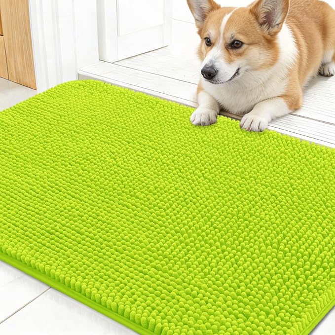 OLANLY Dog Door Mat for Muddy Paws 24x16, Absorbs Moisture and Dirt, Absorbent Non-Slip Washable Doormat, Quick Dry Chenille Mud Mat, Entry Indoor Entryway Carpet for Inside Floor, Bright Green