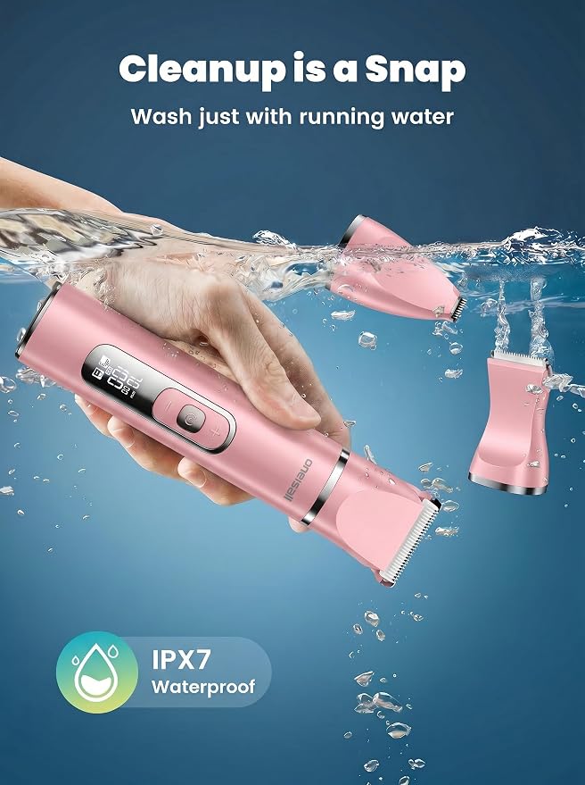 oneisall 4 in 1 Dog Grooming Kit with LCD Display, Dog Hair Trimmer for Paw Nail Grinder, Rechargeable Cordless Low Noise IPX7 Waterproof Pet Clippers Pink
