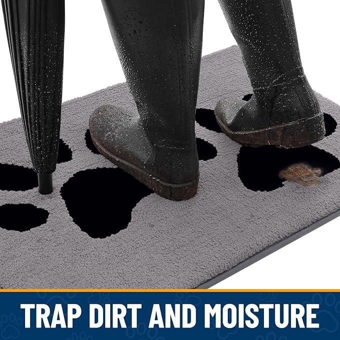 Smiry Dog Door Mat for Muddy Paws, Absorbs Moisture and Dirt, Low-Profile Entryway Mat with Non-Slip Backing, Entry Indoor Outdoor Doormat for Inside Floor (30x20 Inches, Grey, Paw)