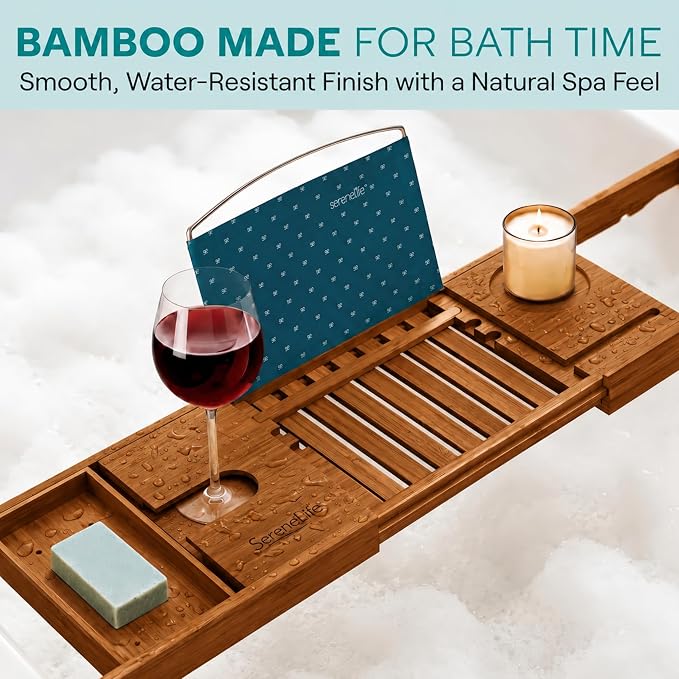 SereneLife Premium Bathtub Tray Caddy with Gift Box and Bow Set, Expandable Bath Tray, Unique House Warming Gifts for Mom, Women, Wedding, Anniversary, Bridal Shower, Fit for All Tub - Brown, Gift Set