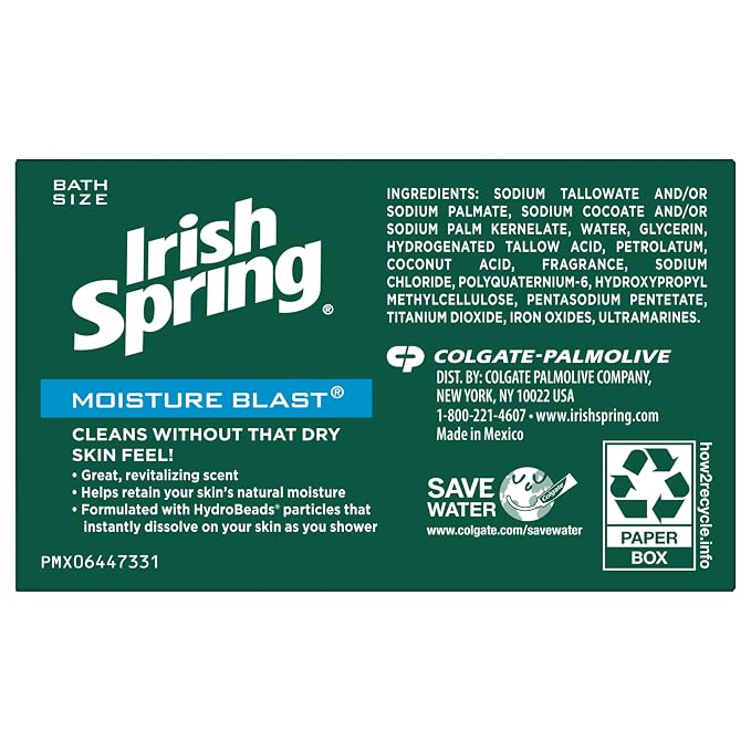 Irish Spring Deodorant Soap, Moisture Blast, 3.7 Ounce (Pack of 6)