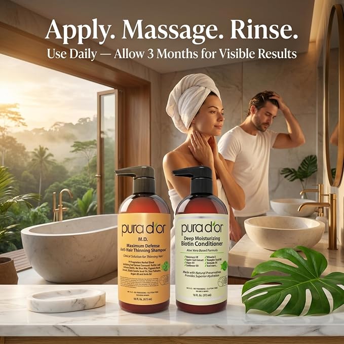 PURA D'OR MD Anti-Thinning Biotin Shampoo & Hair Regrowth Conditioner Set, Maximum Defense Herbal Blend Hair Thickening Products For Women & Men, For Scalp Health, Strong Coal-Tar Scented, 16oz x2