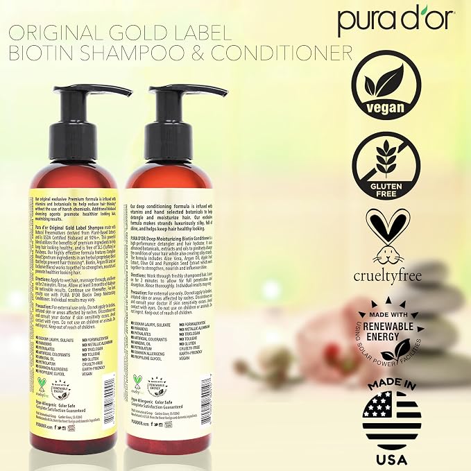 PURA D'OR Anti-Thinning Biotin Shampoo & Hair Regrowth Conditioner, CLINICALLY TESTED Effective Results, Thickening Herbal Blend For Women & Men, Original Gold Label Set, Natural Earthy Scent, 8oz x2