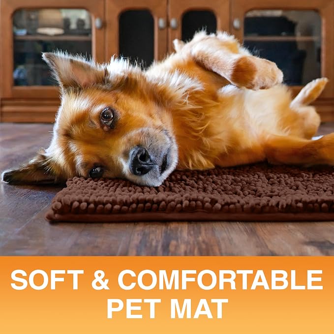 Neater Pets Muddy Paws Dog Door Mat 30” x 20” – Super Absorbent & Quick-Dry Chenille Doormat for Trapping Dirt, Water, Mud - Non-Slip & Machine Washable Pet Rugs for Entryway, Indoor Mud Mats, Brown