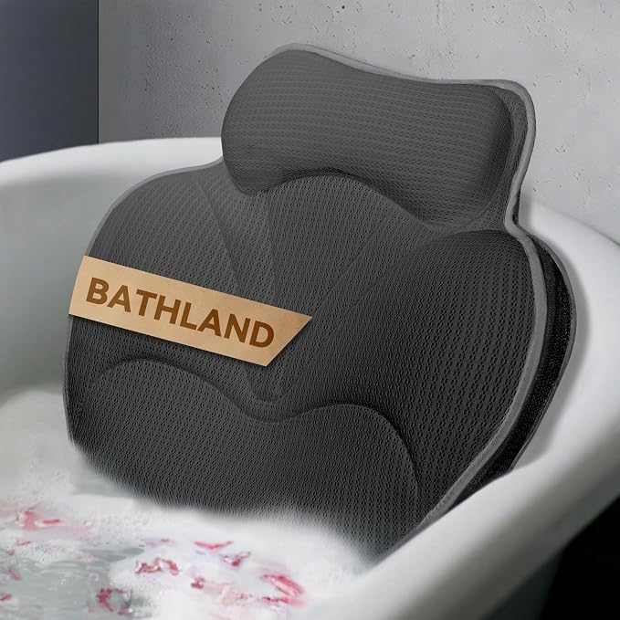 Bath Pillows for Tub, Luxury Bathtub Pillow Neck, Head, Back Support, Soft 5D Mesh Fabric and Non-Slip Suction Cups & Quick Dry, Fits All Tubs, Bath Soaking Accessories Spa Gifts, Grey