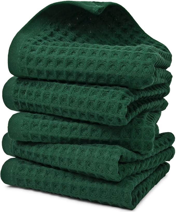 Jacquotha Waffle Hand Towels Set of 5 (Hunter-Green) – Cotton, Quick Dry, Lint Free, 13” x 29”, Bathroom Decor & Kitchen Towels