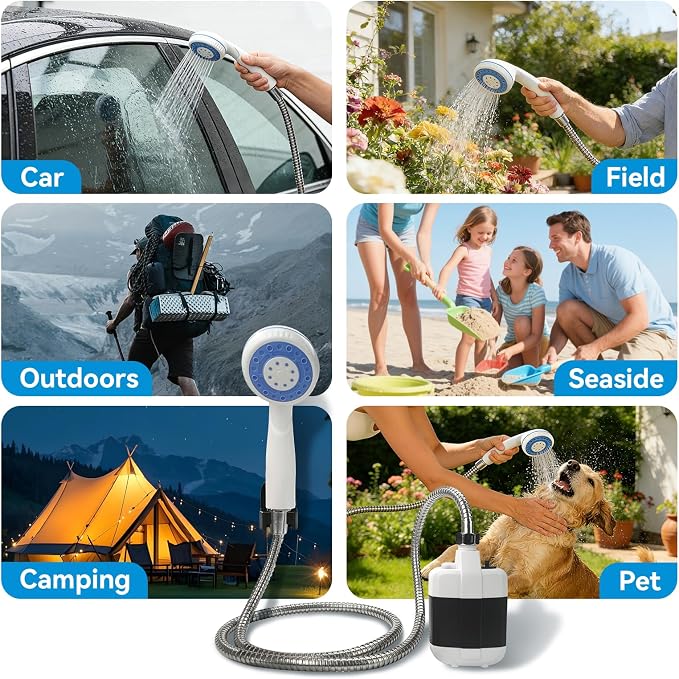 Portable Rechargeable Camping Shower Pump | 4000mAh Battery, Outdoor Shower Head Sprayer, For Camping, Hiking, Travel,car washing, pet cleaning