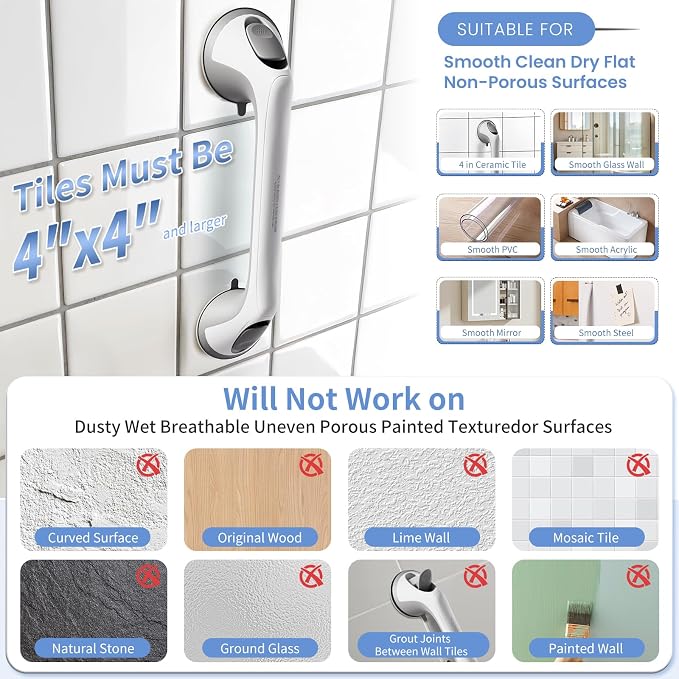 2 Pack 16 Inch Grab Bars for Bathtubs and Showers for Seniors, Heavy Duty Shower Handle for Elderly, Suction Cup Removable Handrails Handicap Bath Grip Bathroom Upgrade Safety Grips (Gray)