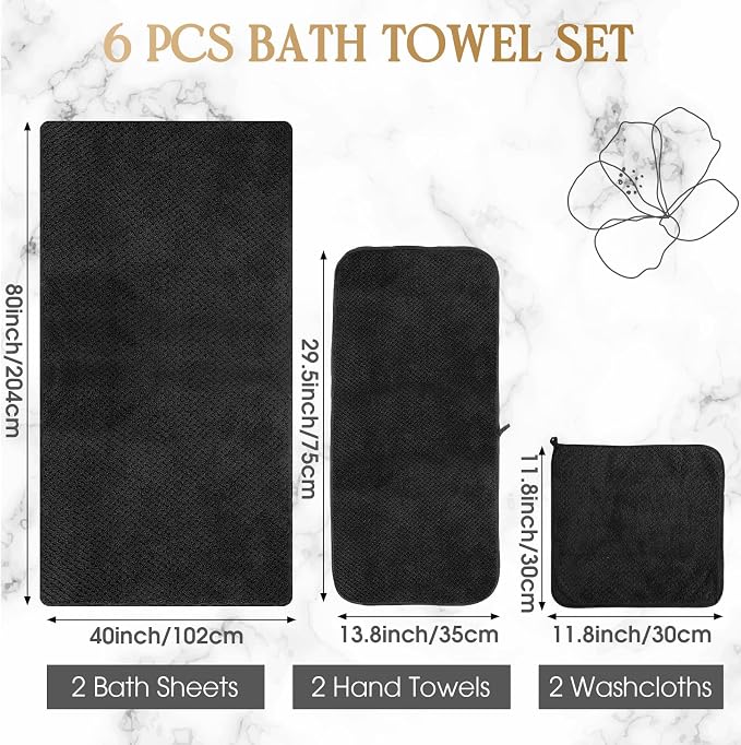Peryiter 6 Pcs Bath Towel Set Oversized Bath Sheet Super Soft Microfiber Bathroom Sheets for Adults Quick Dry Highly Absorbent Shower Towel Sets for Bathroom Dorm Spa Gym Hotel Yoga(Black)