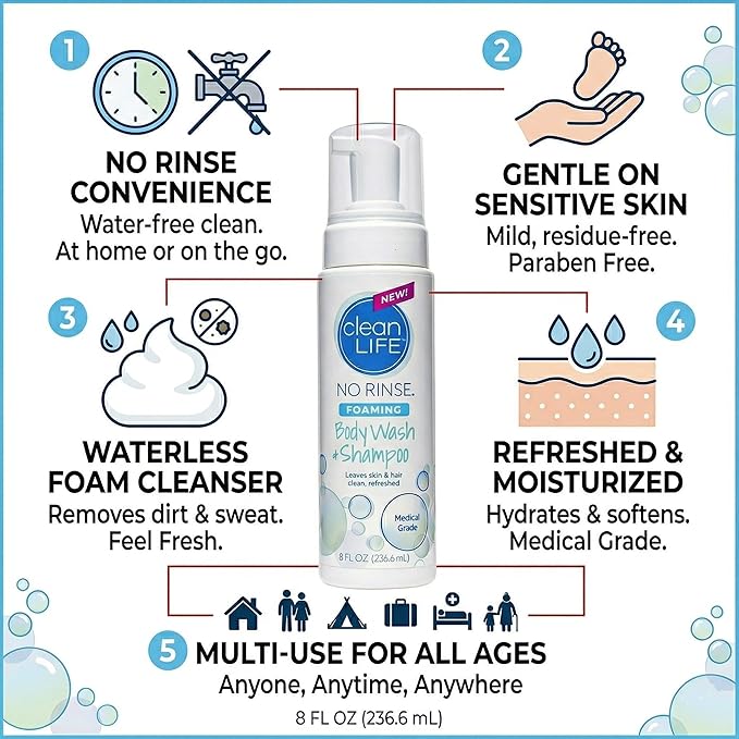 No-Rinse Foaming Body Wash - Waterless Foam Cleanser for Elderly, Adults, Kids, Infants & Caregiver - Rinse Free for Sensitive Skin - Travel Size - Refreshed & Moisturized Skin - 8 fl oz (Pack of 1)