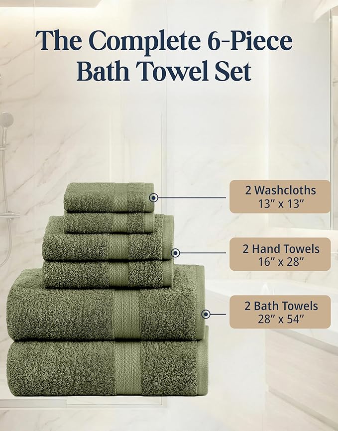 LANE LINEN Luxury Cotton Bath Towel Pack of 6 - Softer, Highly Absorbent & Durable - 2 Bath, 2 Wash cloths, 2 Hand Towels for Bathroom - Premium Look, Spa Quality, Solid Dyed Towels - Oil Green
