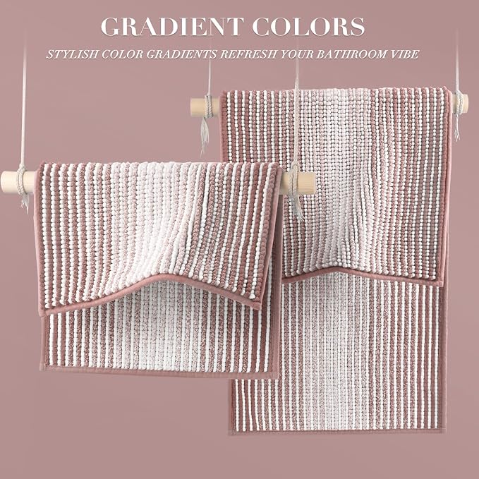 BSICPRO Bathroom Rugs and Mats Sets, 2 Piece Thick Absorbent Chenille Bath Mat Rug Set Non Slip, Soft Shaggy Bath Room Floor Mats for Bathroom, Machine Washable (20" x 32" Plus 16" x 24",Mist Pink)