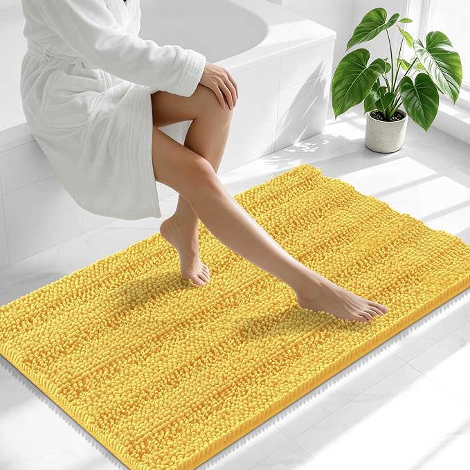 Smiry Thick Chenille Bathroom Runner Rugs 44x24, Extra Absorbent Striped Bath Mat, Machine Washable, Rubber Backing, Long Bath Rugs for Tub & Shower, Modern Home Decor Accessories, Yellow