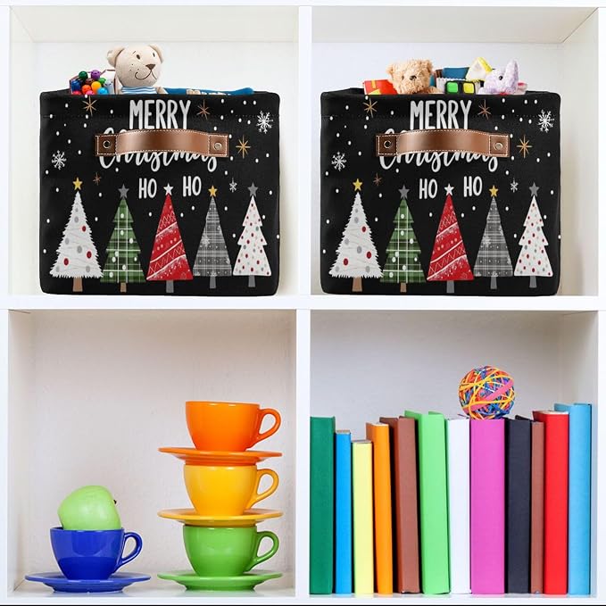 Merry Christmas Tree Black Storage Basket with Waterproof Liner and PU Handles Winter Snowflake Xmas Storage Bins Boxes 14.2" Collapsible Decorative Organizer Baskets for Bedroom Closet Office 2 Pack