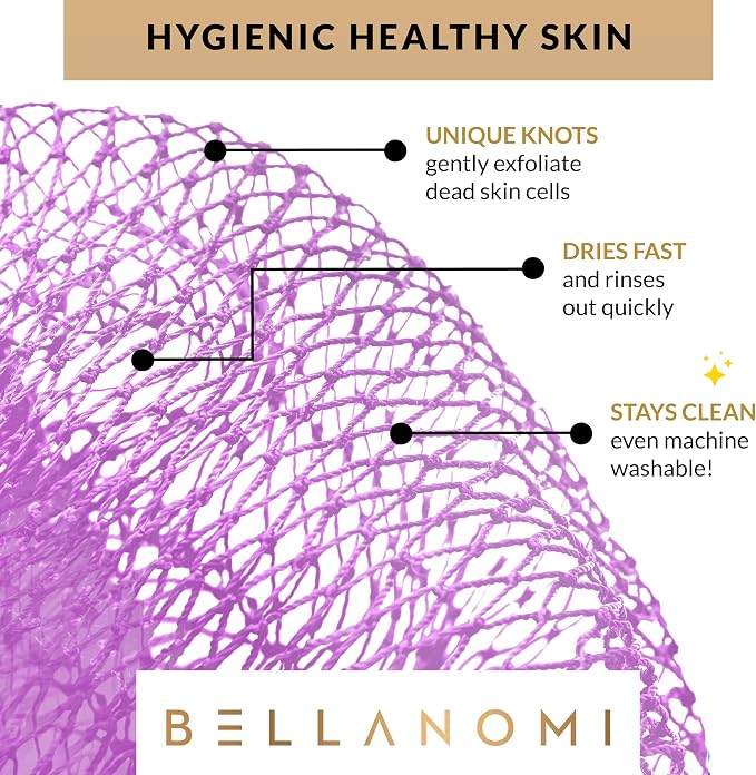 BELLANOMI African Exfoliating Net Sponge, Authentic, Ethically sourced from Nigeria, 45 inches Long, Back Scrubber for Daily use (Lilac)