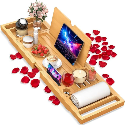 Premium Bamboo Bathtub Caddy Tray with Extending Sides, Adjustable Wood Bath Tray for Luxury Bath, Fits Most Tubs, Accessories Gift Idea