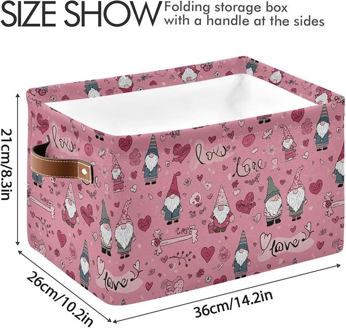Happy Valentines Day Pink Storage Basket with Waterproof Liner and PU Handles Love Gnome Flowers Gift Storage Bins Boxes 14.2" Collapsible Decorative Organizer Baskets for Bedroom Closet Office 2 Pack