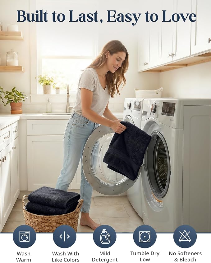 LANE LINEN 100% Cotton Towel Set for Bathroom - 16 Piece - Super Soft, Hotel Quality - 4 Bath, 8 Wash Cloths, 4 Hand Towels for Bathroom - Classic, Gentle on Skin, Ideal for Spa & Daily Use - Black