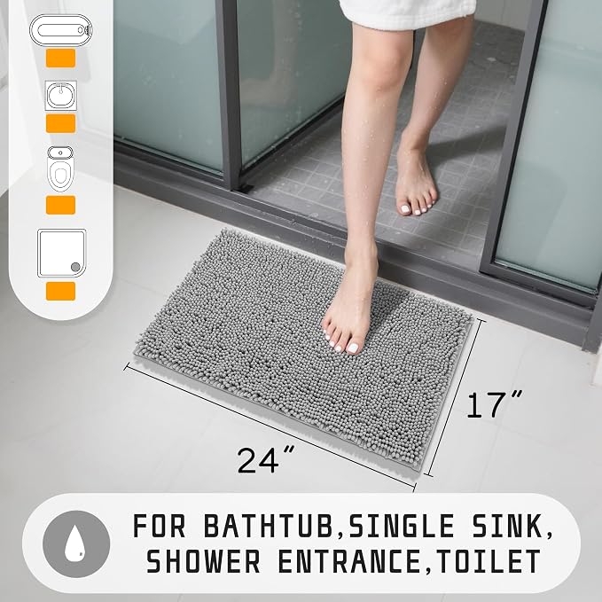 Yimobra Washable Bathroom Rugs, Super Soft & Absorbent Chenille Bath Mat for Floor & Carpet, Quick Dry Non Slip Bath Mat for Tub Shower, 24" x 17",Gray