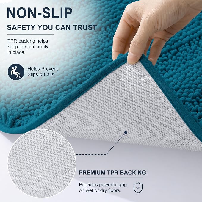 Smiry Thick Chenille Bathroom Runner Rugs 44x24, Extra Absorbent Striped Bath Mat, Machine Washable, Rubber Backing, Long Bath Rugs for Tub & Shower, Modern Home Decor Accessories, Peacock Blue