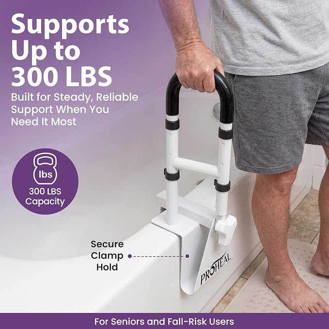 Bathtub Grab Bar for Seniors, Shower Safety Rail, Non-Slip Stainless Steel Handle, Fits 3"-7" Tub Walls, Supports 300 LBS, Adjustable Height 14.5"-17", Tool-Free Clamp-On Install - ProHeal