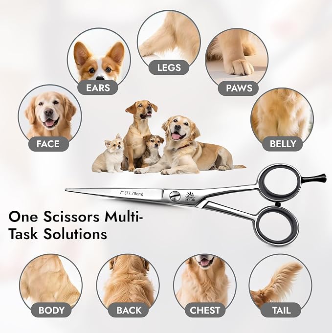 ARSUK Dog Grooming Shears 7-Inch Professional Japanese Stainless Steel Pet Grooming Scissors for Pets, Sharp Dog Hair Scissors with Fix Screw, Ergonomic Handle & Comfort Grip, Mirror Finish