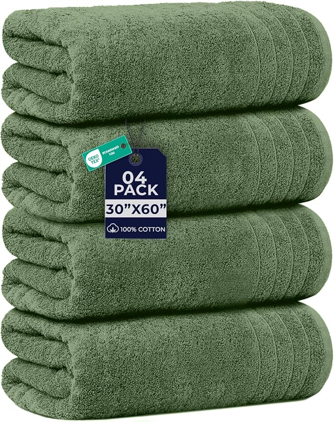 DAN RIVER Extra Large Bath Towels Set of 4, 30 x 60 Inches - 100% Cotton Larger & Lighter Weight Towels for Bathroom - Quicker to Dry, Super Soft & Highly Absorbent Towels for Home, Sage Green