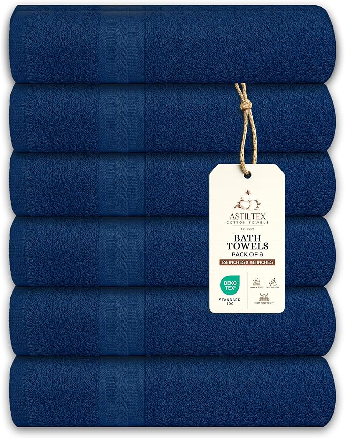 Bath Towels Pack of 6 – 24" x 48" – 100% Cotton Terry, Soft, Quick-Dry & Highly Absorbent – Navy Blue Towels for Bathroom, Spa, Gym, Hotel, Pool & Everyday Use