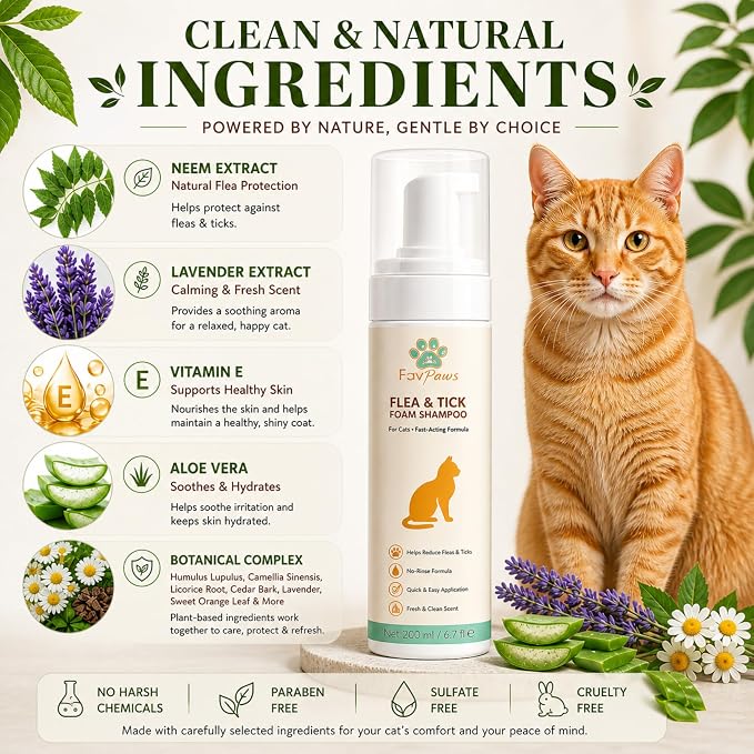 Flea & Tick Cat Waterless Foam Shampoo – No Rinse Grooming Formula – Gentle Care Coat Cleansing – Fresh Clean Scent – Dry Shampoo for Cats and Kittens -200 ml (6.7 fl oz)